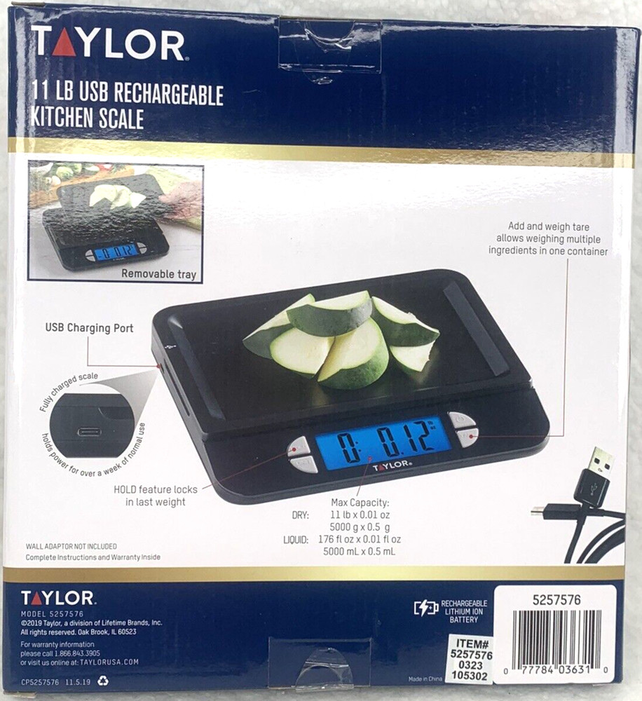 Taylor Kitchen Digital Scale Max 11 Lb. USB Rechargeable Multi-Function Black