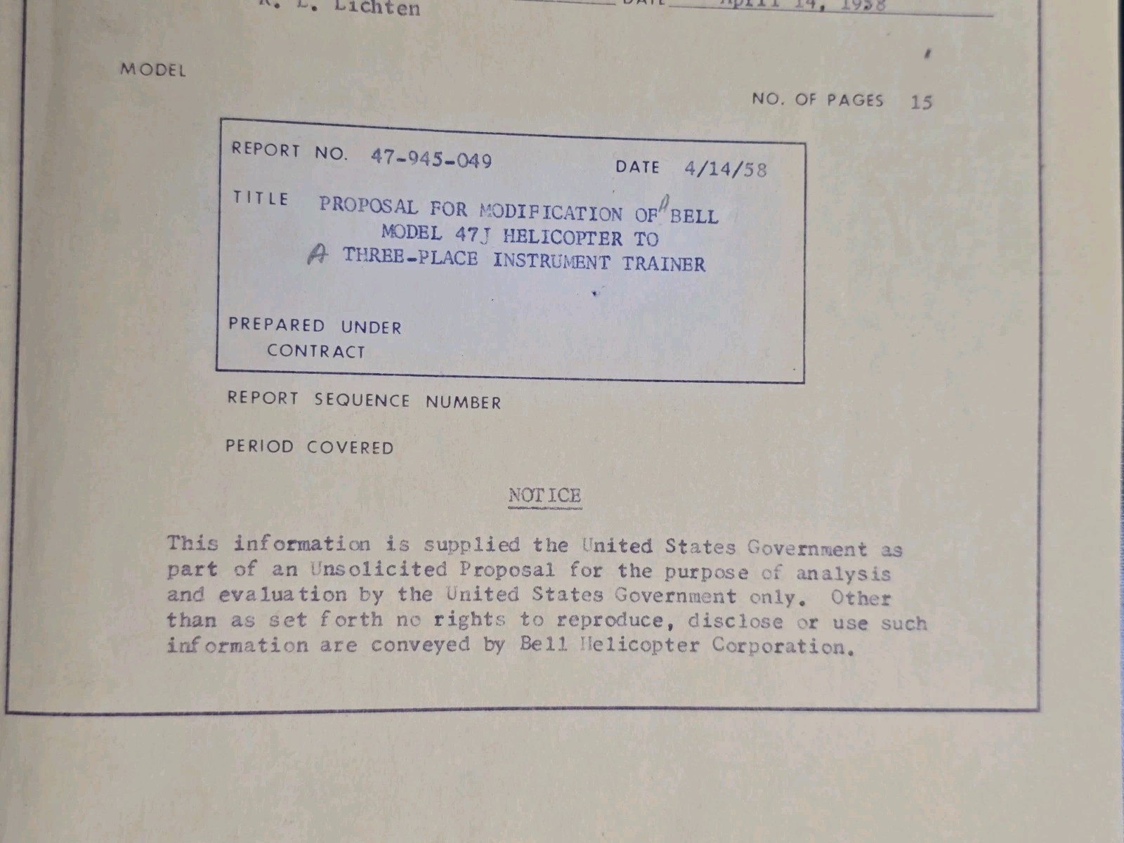Rare 1958 Bell Helicopter Proposal Report 47-945-049 Jeffrey Evans Archive