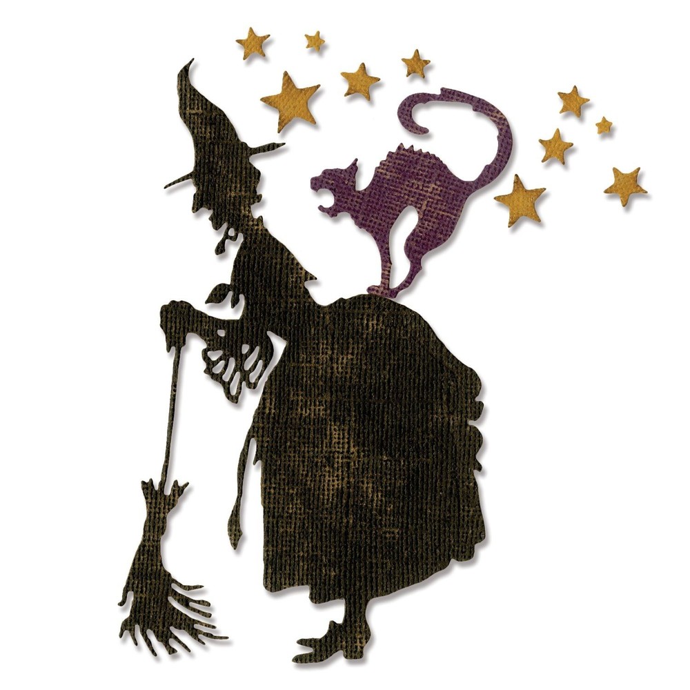 New Tim Holtz Sizzix Thinlits Die Set Witchcraft Witch with Broom Cat Stars
