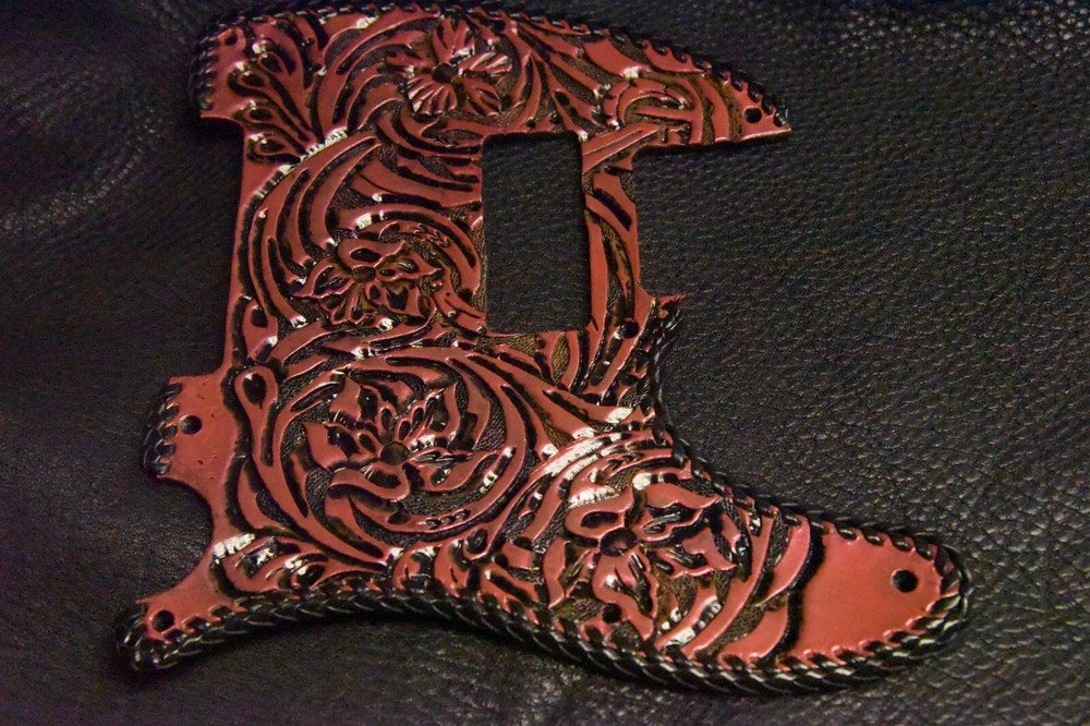 Leather pickguard Custom Tooled Leather Telecaster"Floral Riffs" Antiqued r/b la