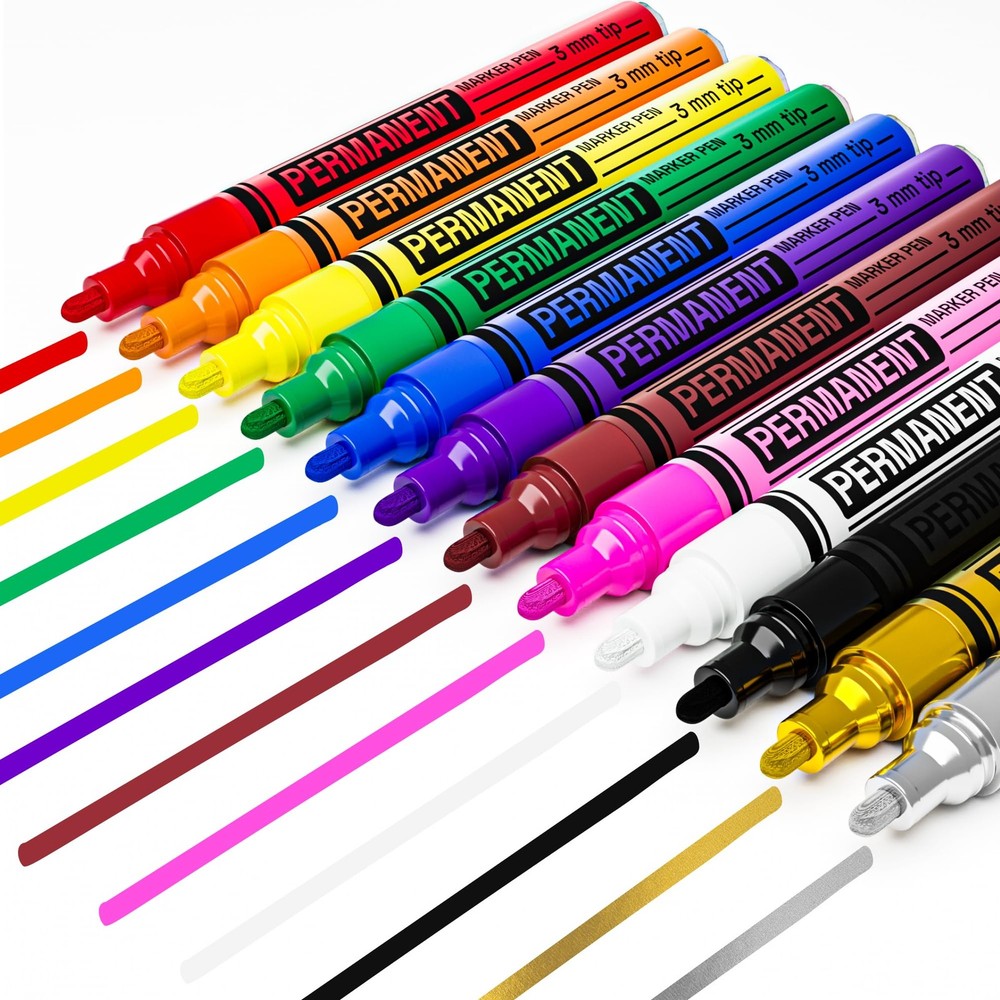 12 Oil-Based Permanent Paint Markers - Medium Tip Markers for Tire, Wood, Rock