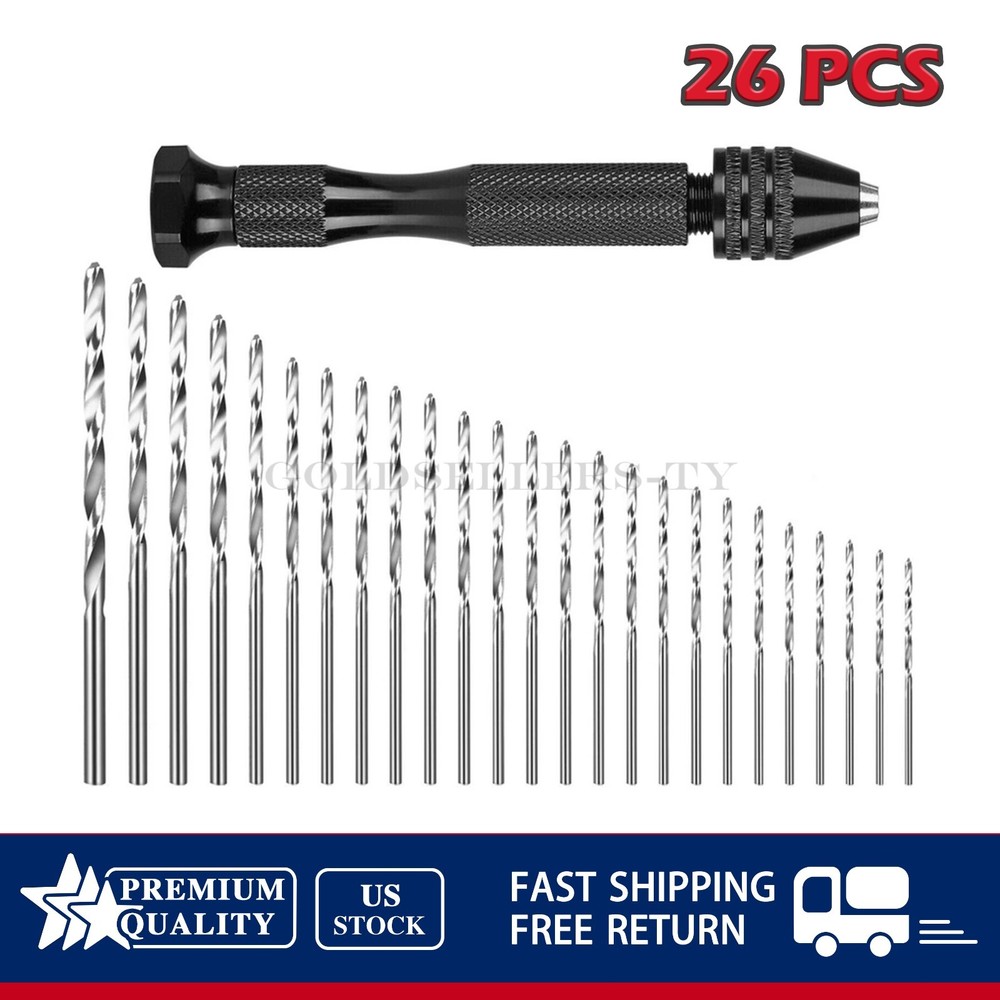 26PCS Mini Micro Drill Hand Bits Set Small Manual Keyless Chuck Pin Vise Rotary
