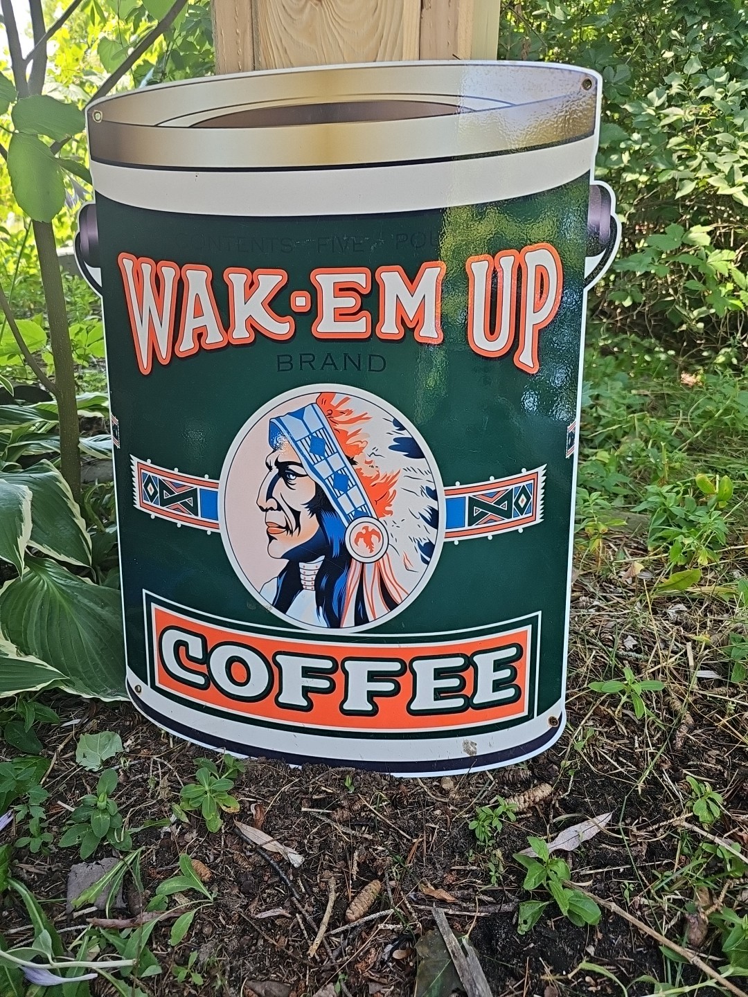 LARGE VINTAGE WAKE-EM UP COFFEE PORCELAIN SIGN 24" X 16" VERY HEAVY SIGN