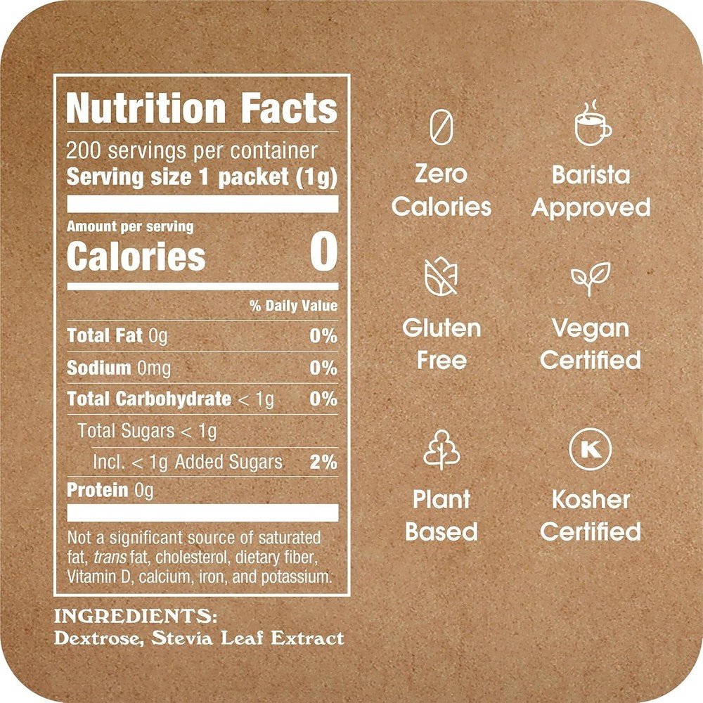 200 Count Zero Calorie Stevia Sweetener Packets - Perfect for Drinks & Baking