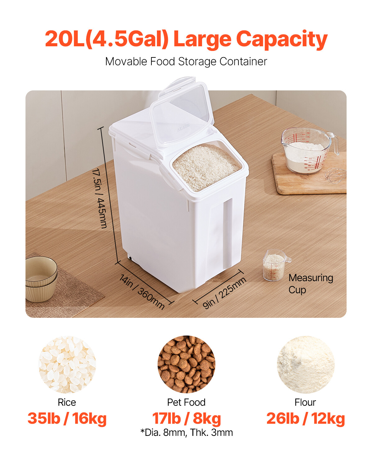 4.5Gal/20L Large Ingredient Storage Container Airtight Kitchen Flour Bin