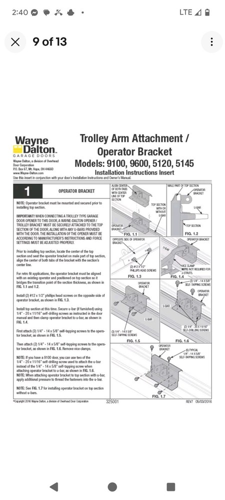 Wayne Dalton Garage Door Trolley Arm Attachment Operator Bracket