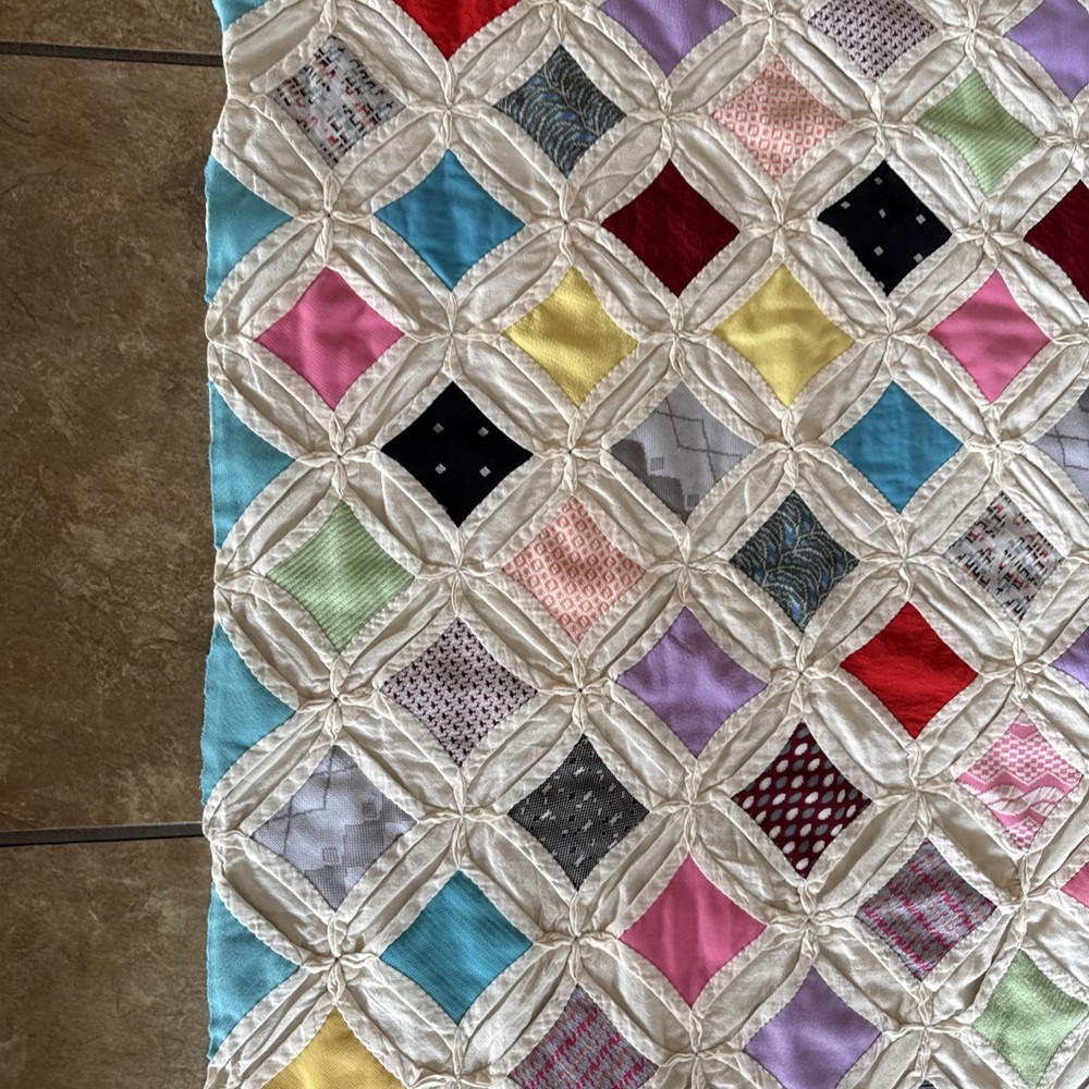 Vtg Cathedral Window Pattern Multicolored Quilt Handmade 80” X 49” Needs Work