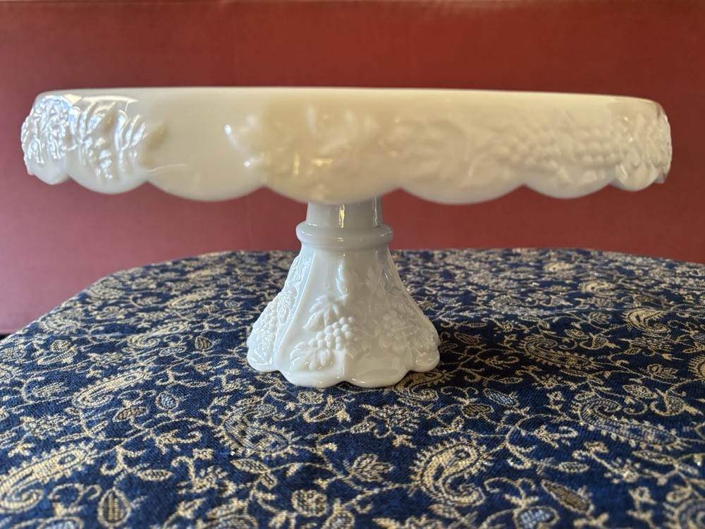 Cake Stand, Vintage, White Grape Pattern, Milk Glass.