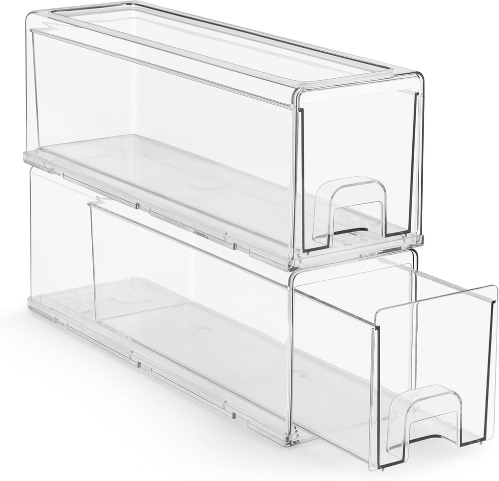 Small Clear Stackable Storage Drawers – 2-Pack Plastic Organizer Bins with Handl