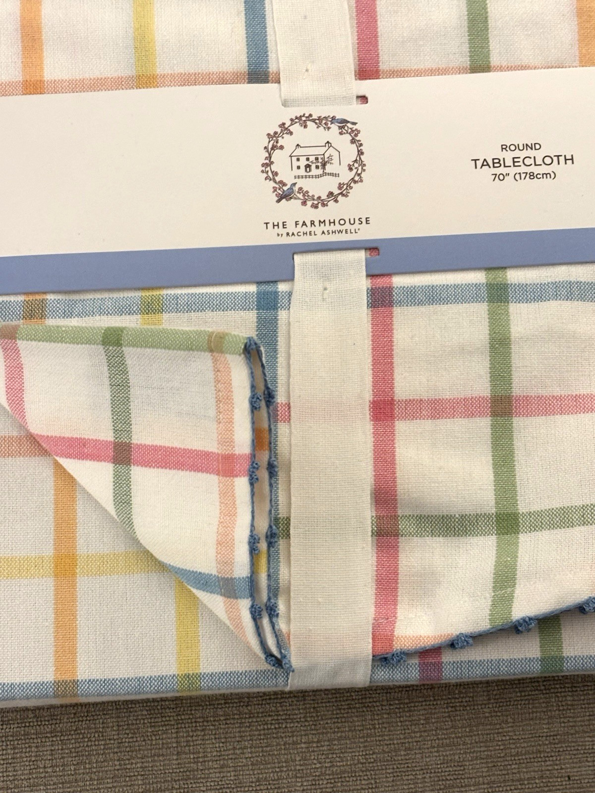 7pc Rachel Ashwell Farmhouse Pastel Plaid Round Tablecloth & Napkins - NWT