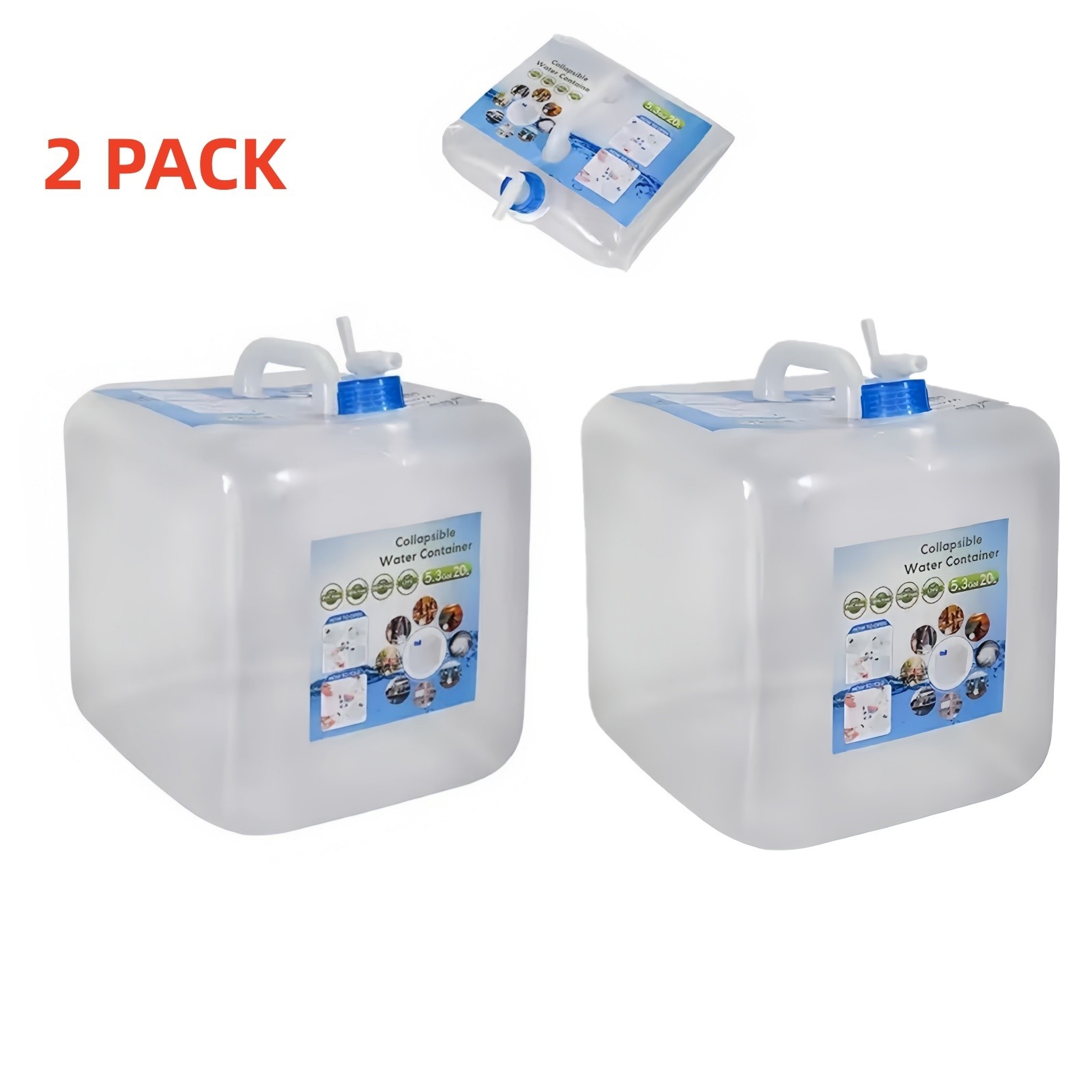 2 Pack 10 Gal Collapsible Water Container Water Storage Jug with Spigot Camping