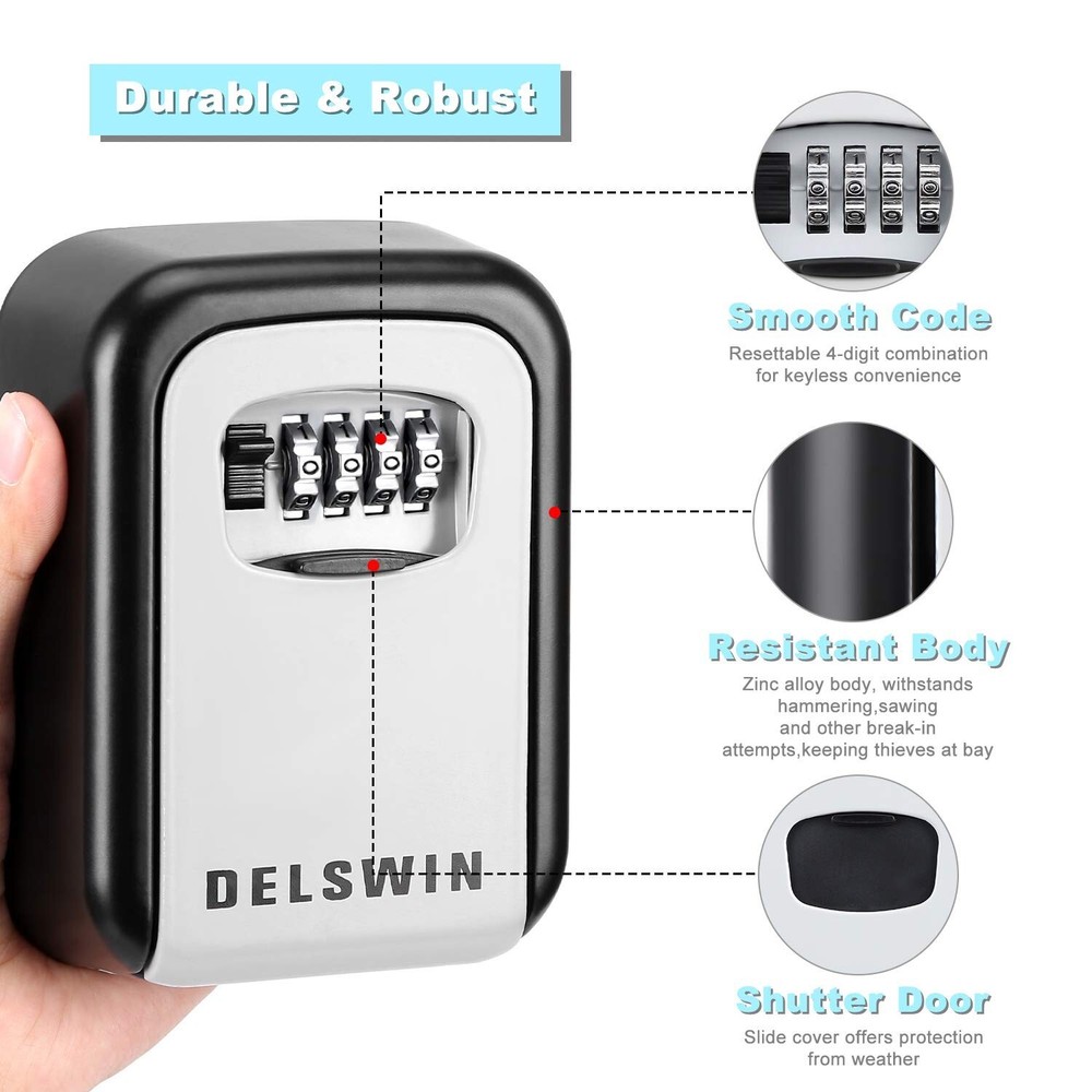 DELSWIN Wall Mounted Key Lock Box - Weatherproof Combo LockBox with 4-Digit C...