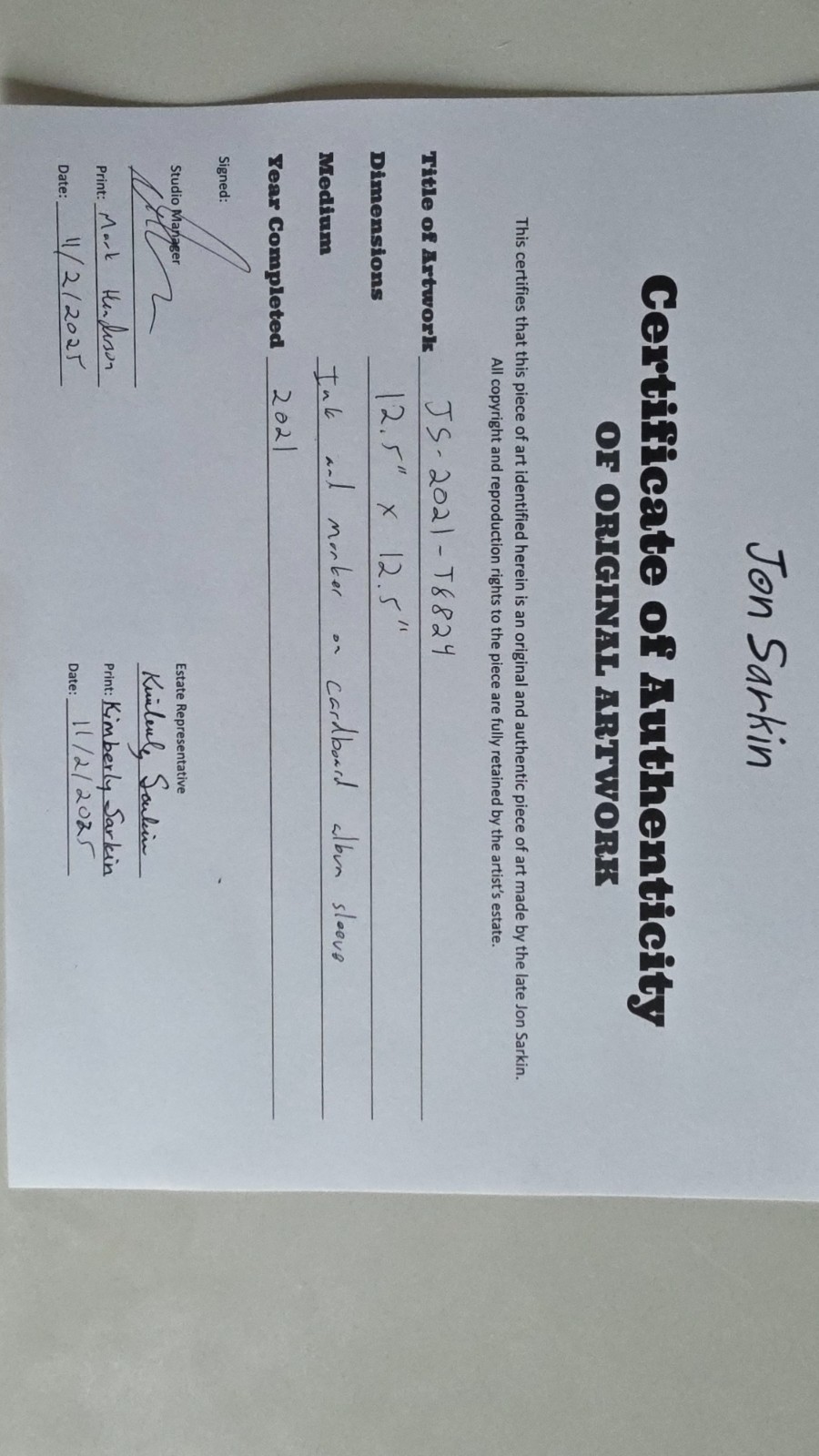 Jon Sarkin JS-2021-T8824 Ink and Marker on Cardboard Album Sleeve 2021