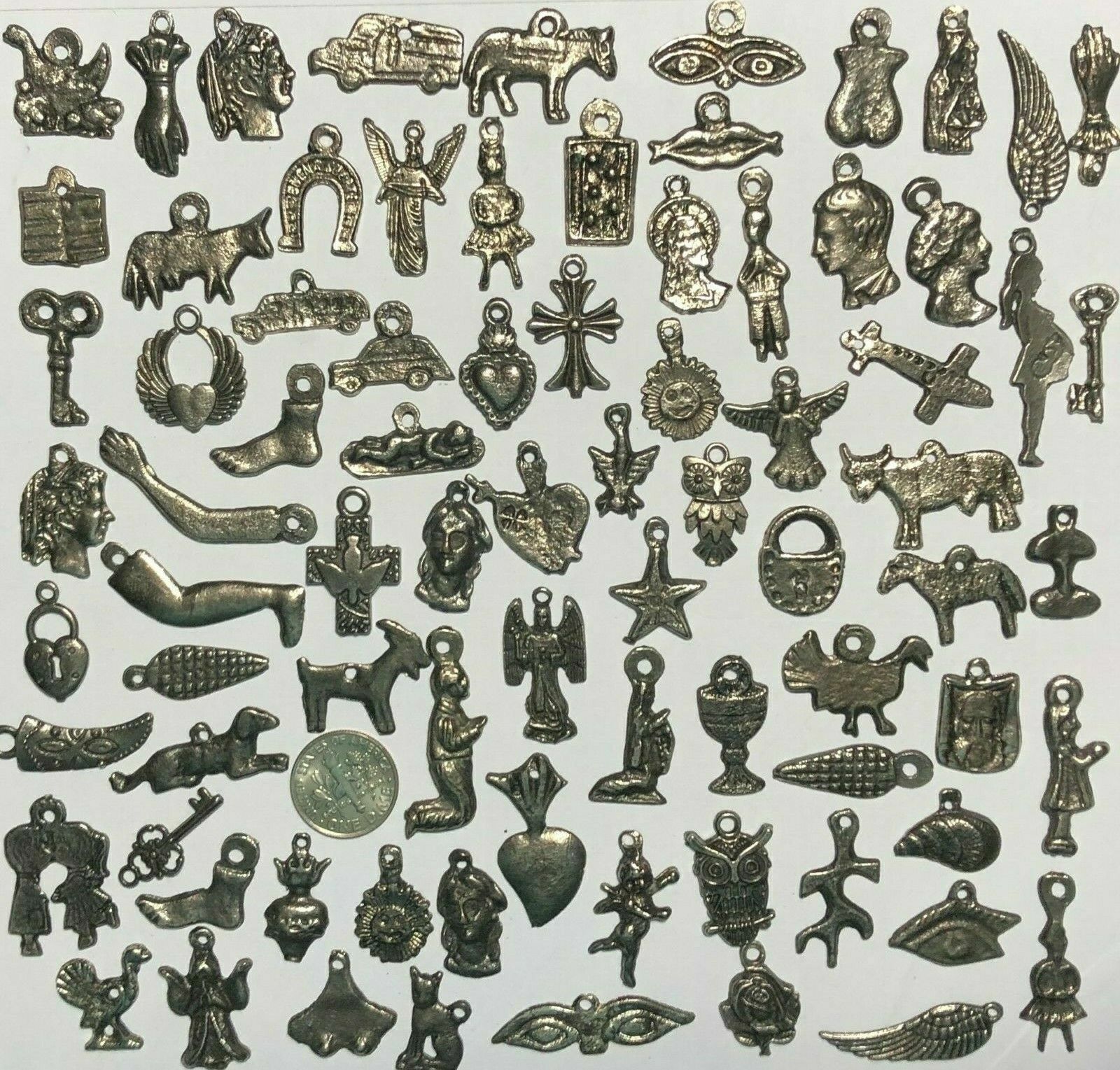 100 Milagro Charms Mexican Folk Art Dark Antique SILVER Black Exvoto Nicho