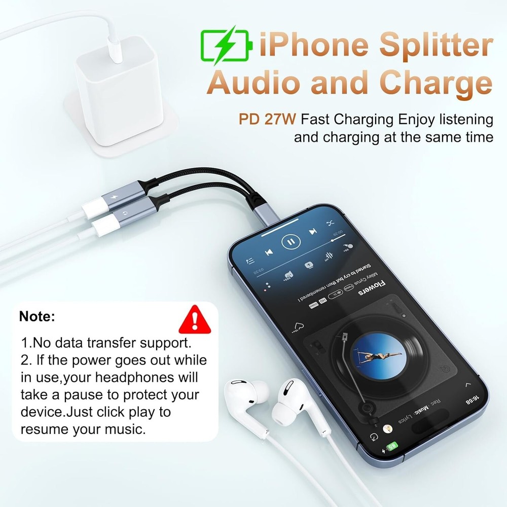 iPhone Splitter for Charging & Headphone Adapter to two Lighting MFi-Certified