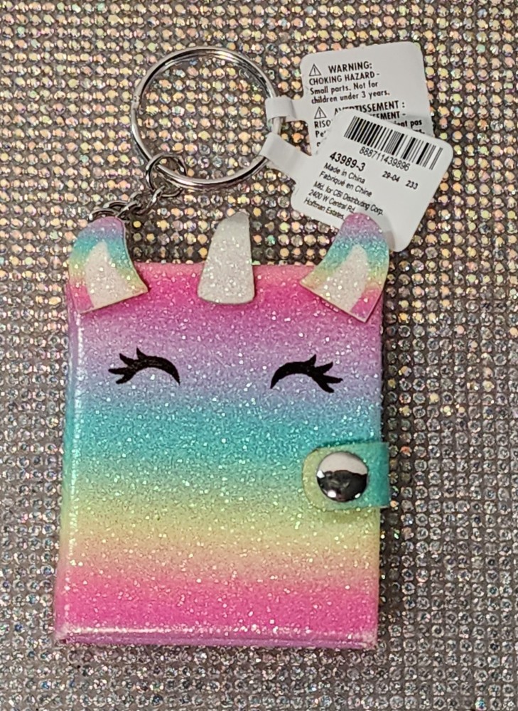 Glitter Rainbow Iridescent Unicorn Mini Diary Notebook Keychain NWT