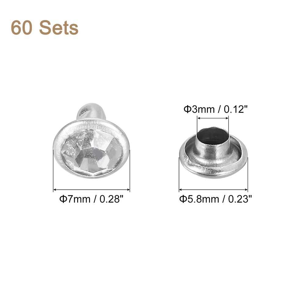 60 Sets Rhinestone Rivets, 7mm Crystal Rivets Leather Rivets, Silver Clear