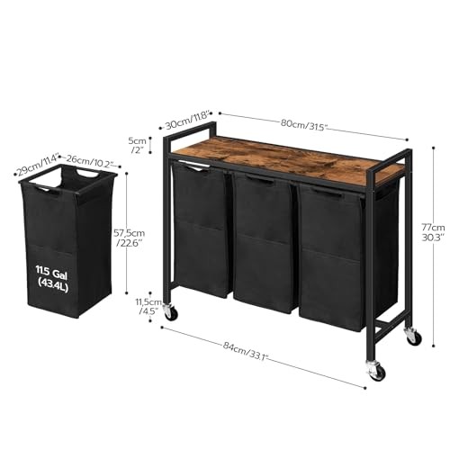 Laundry Sorter 3 Section, Laundry Hamper with Wheels, 3 × Rustic Brown + Black
