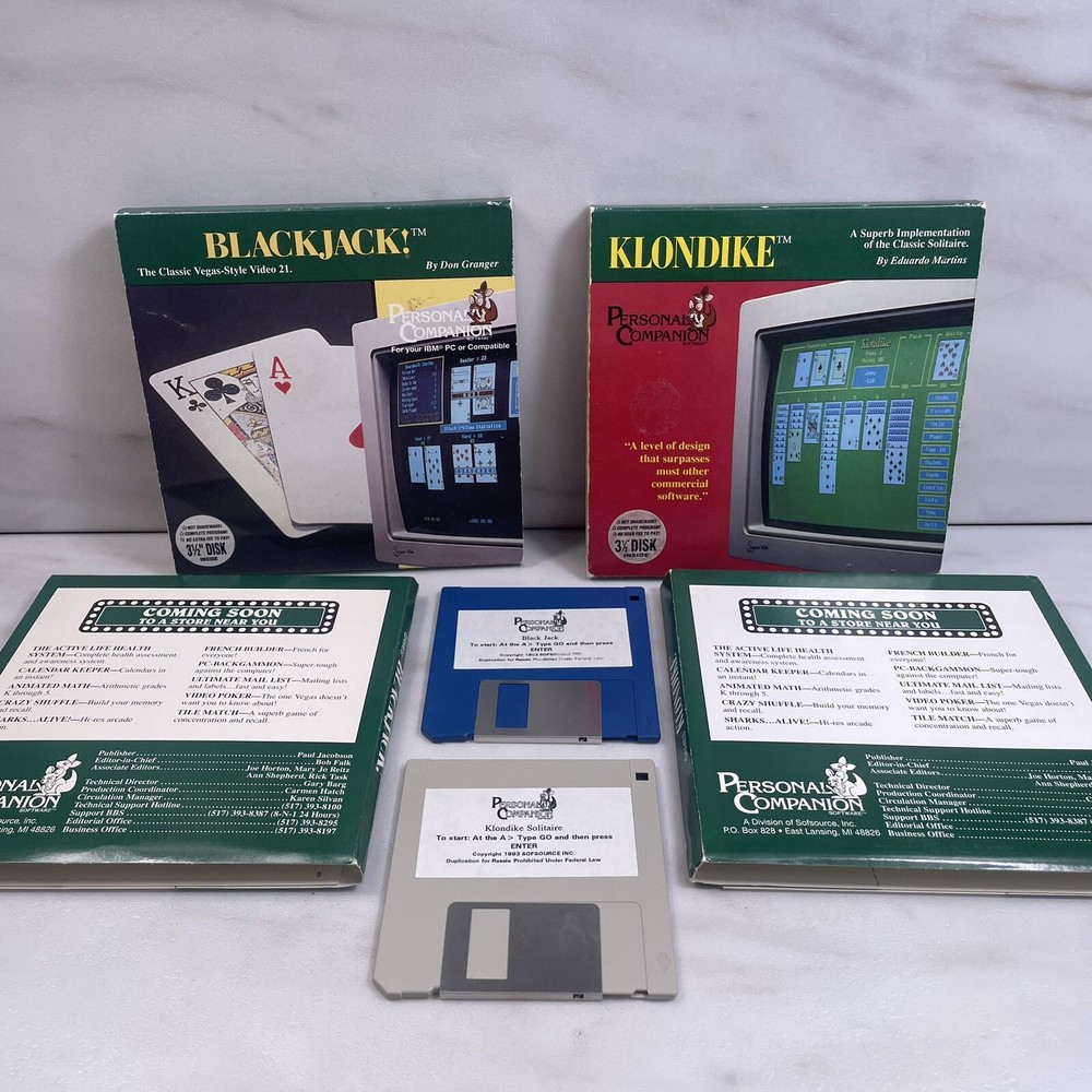 2 Vtg Computer Games BLACKJACK & KLONDIKE 3.5” Floppy Disk Original Packaging