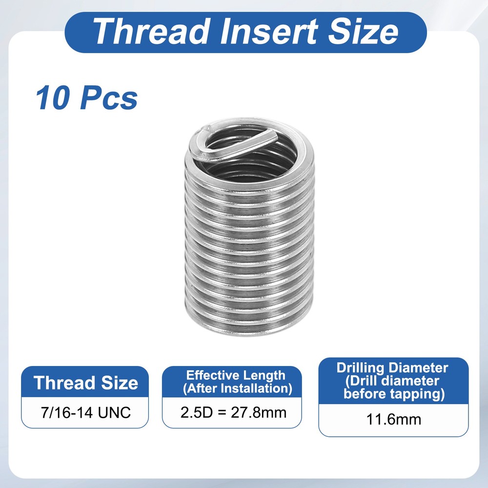10pcs Wire Thread Inserts 7/16-14 UNC 2.5D 27.8mm Helical Threaded Sleeve