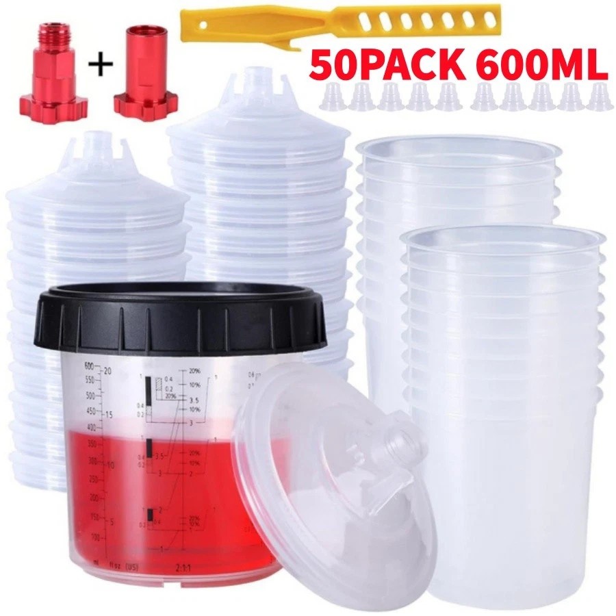 50Pack PPS CUPS Disposable Paint Spray Gun Cup Liners and Lid System 600ml/20Oz