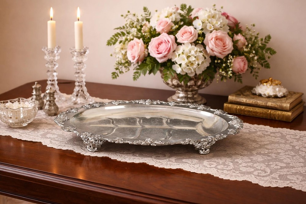 Antique Barbour Co Silver Plate Meat Serving Platter - Footed with Ornate Design