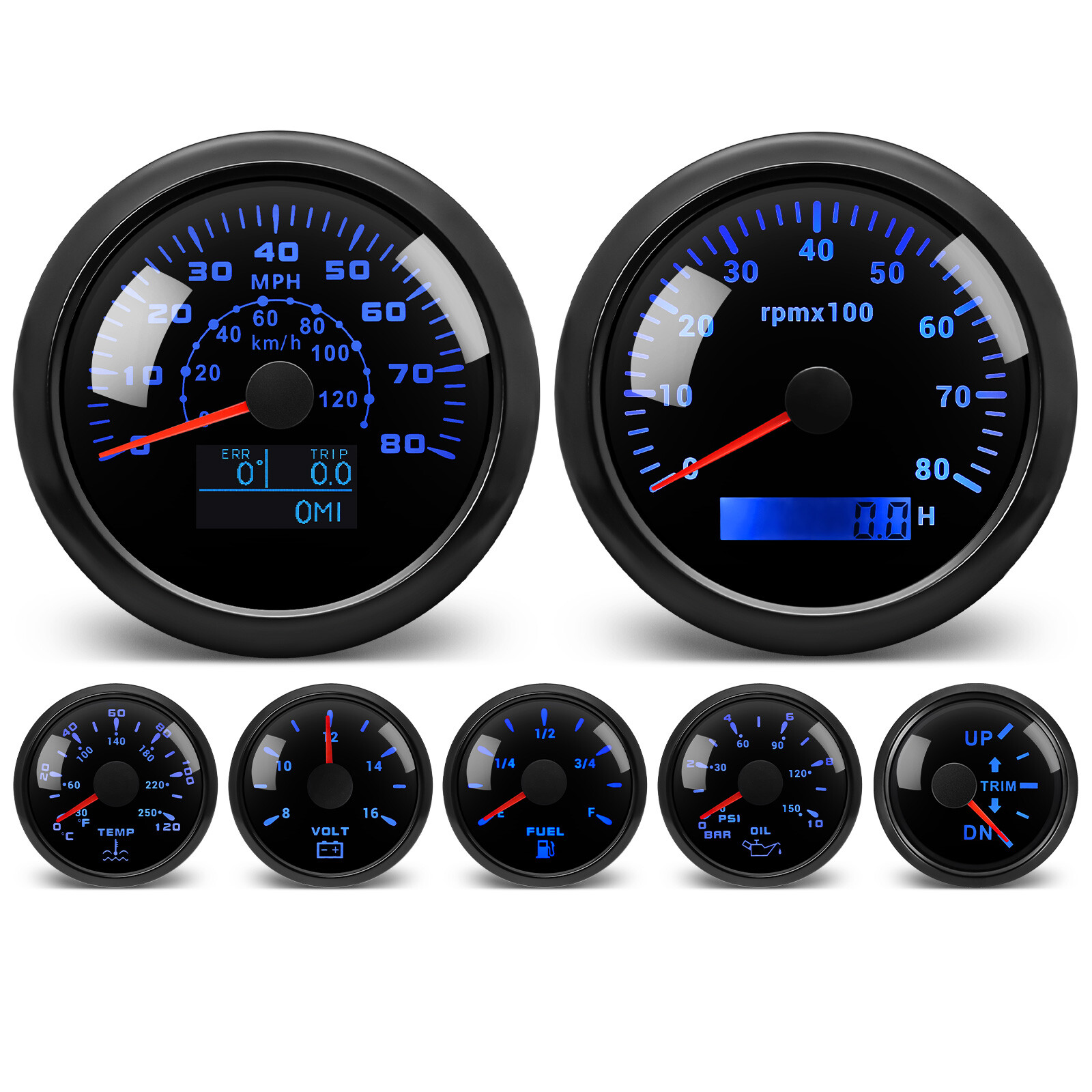 7 Gauge Set 85mm Boat GPS Speedometer 120km/h/80MPH Tachometer 8000RPM Gauge US