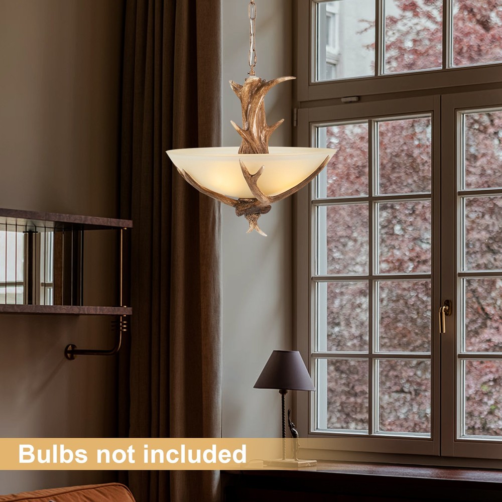 3-Light Chandelier E26 Rustic Lodge Log Cabin Ceiling Light Resin Deer Antler