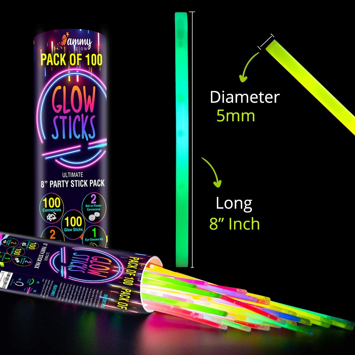 Ammy Glow-Glow Sticks-100 Pack Bulk Party favors for Kids-Neon 100 Pack, Blue