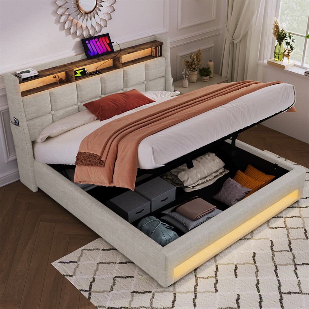 Full Size LED Bed Frame Upholstered Platform Bed with Hydraulic Storage System