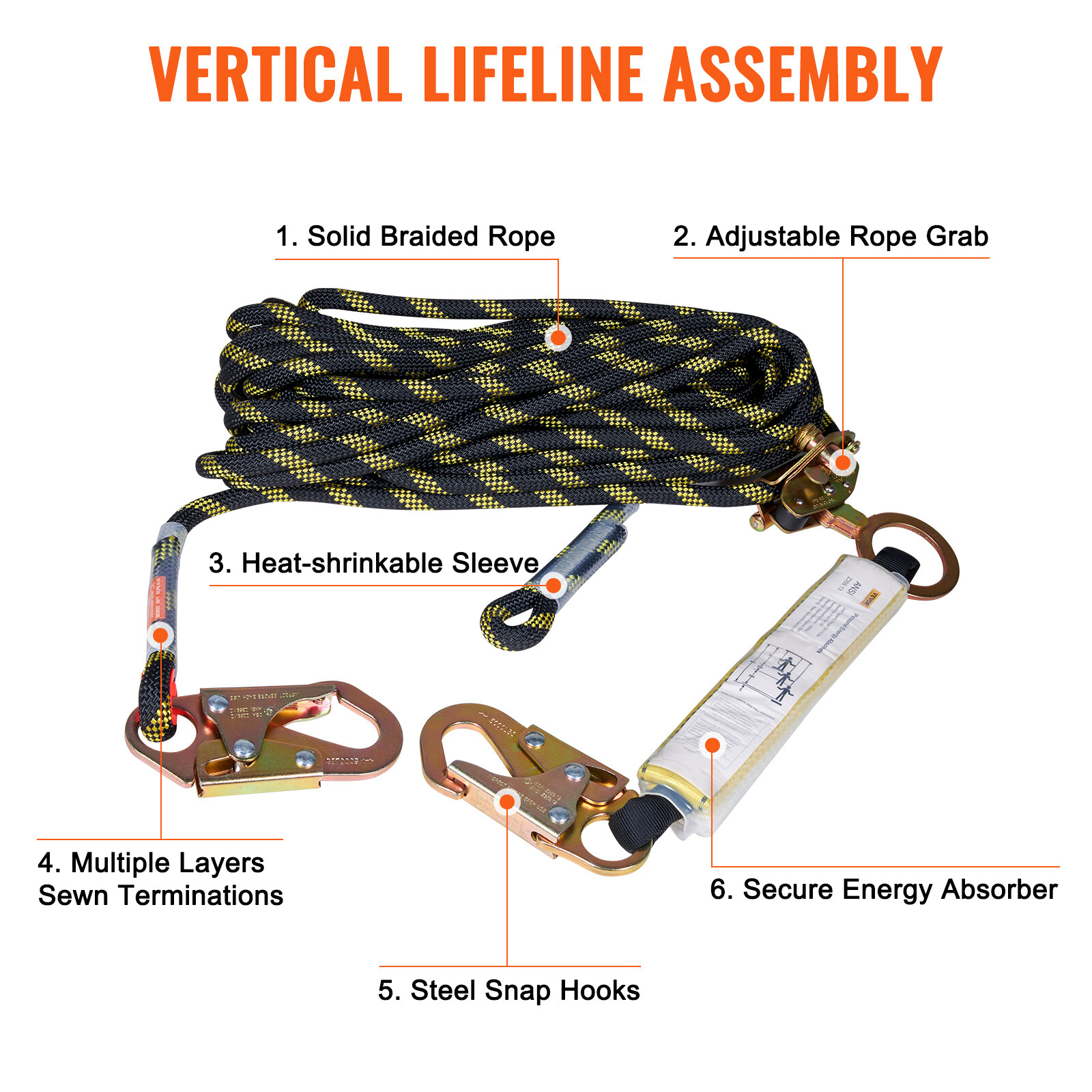 VEVOR Vertical Lifeline Assembly 25ft Fall Protection Rope Polyester 30 KN ANSI