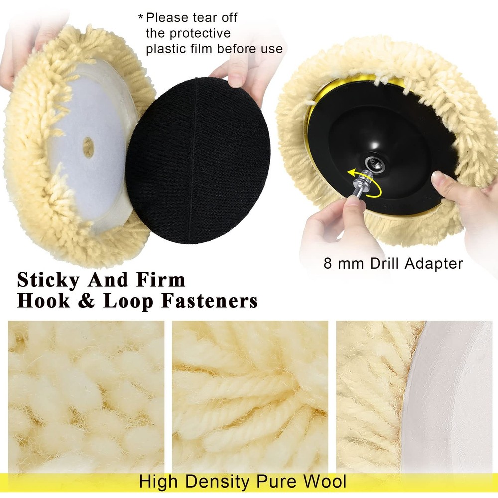 6 Pcs 8 Inch Wool Buffing Polishing Pads Hook Loop Cutting Pads with Backing ...