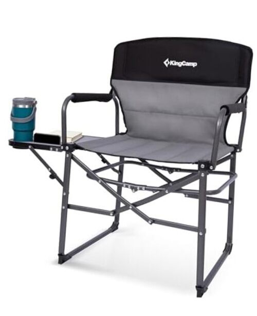 Oversized Camping Directors Chair with Side Table, Compact X-Large Black/Grey