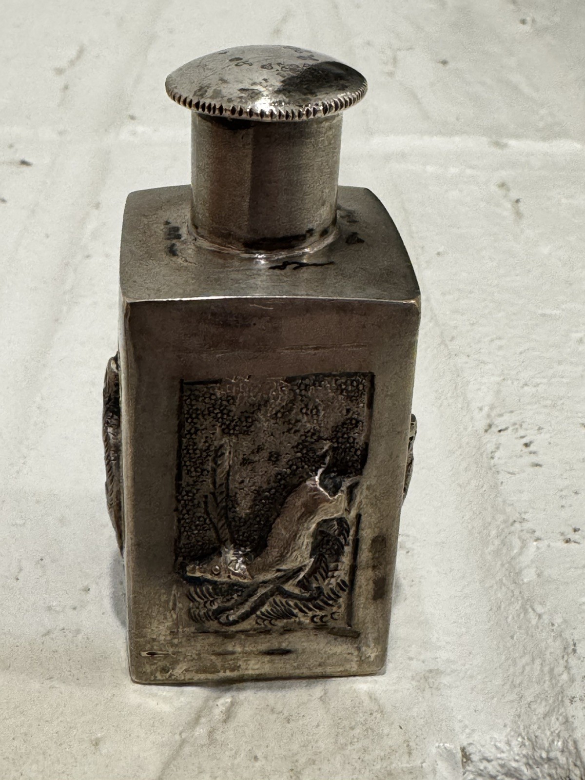 Silver Plate Tea Caddy with Animals no markings