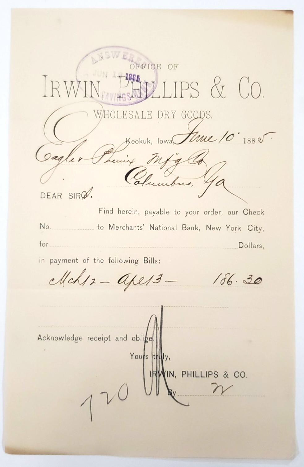 1885 Document, Irwin, Phillips & Co., Wholesale Dry Goods, Keokuk, Iowa
