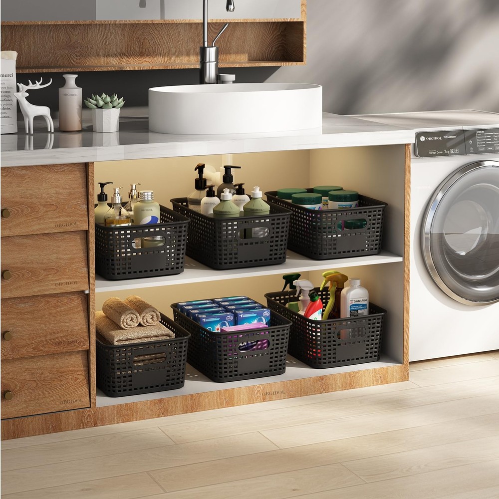 ORGIDOL Plastic Storage Basket with Lids 12 Pack Stackable Black Storage Bins Co