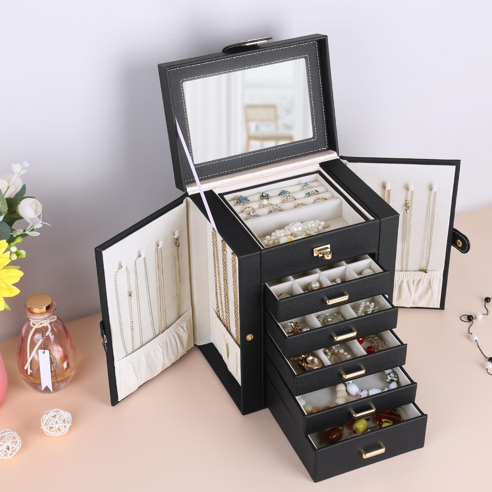 Kendal Black 6-Layer Large Leather Jewelry Box Watch Jewelry Organizer w/ Mirror