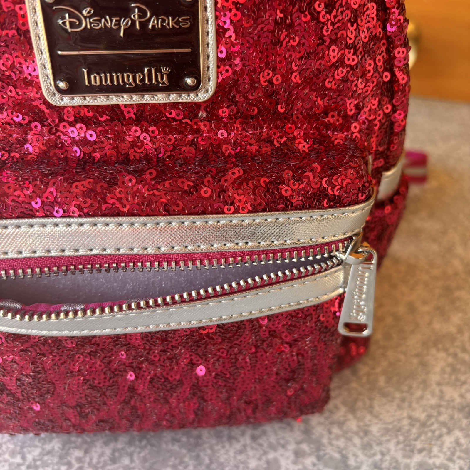 New Loungefly Disney Magenta Sequin Mini Backpack Sparkle Bow Minnie Mouse Pink