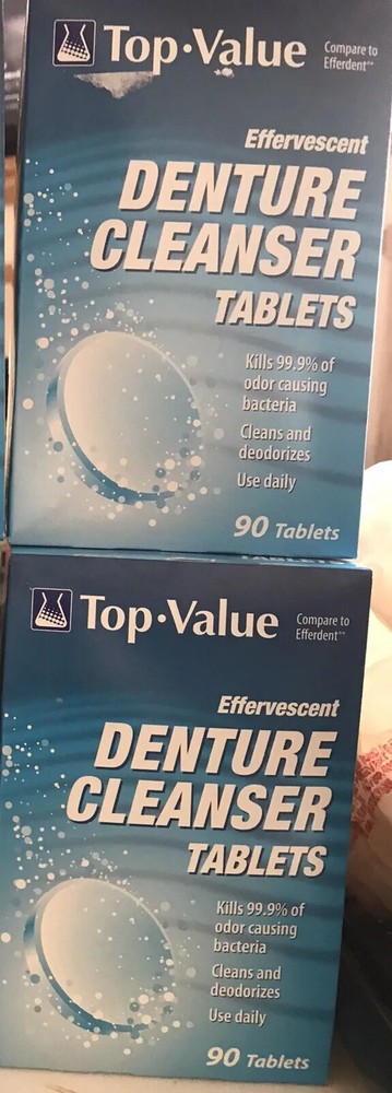 2 Boxes Top-Value Effervescent Denture Cleanser One Box Open One Caps Gone
