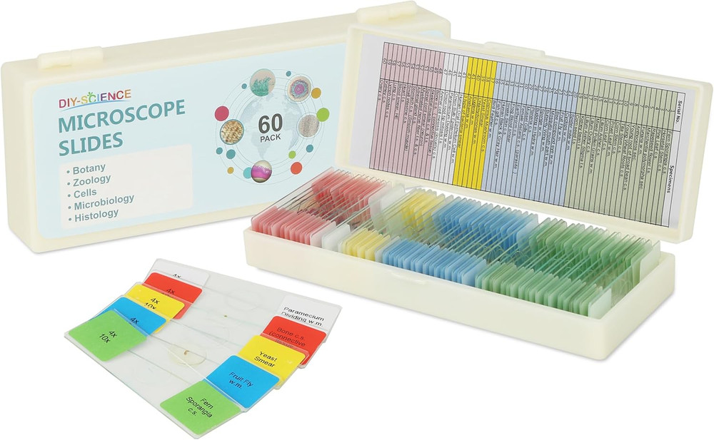 Microscope Slides with Specimens 60 Lab-Grade Prepared Animal/Plant/Microbe/Tiss