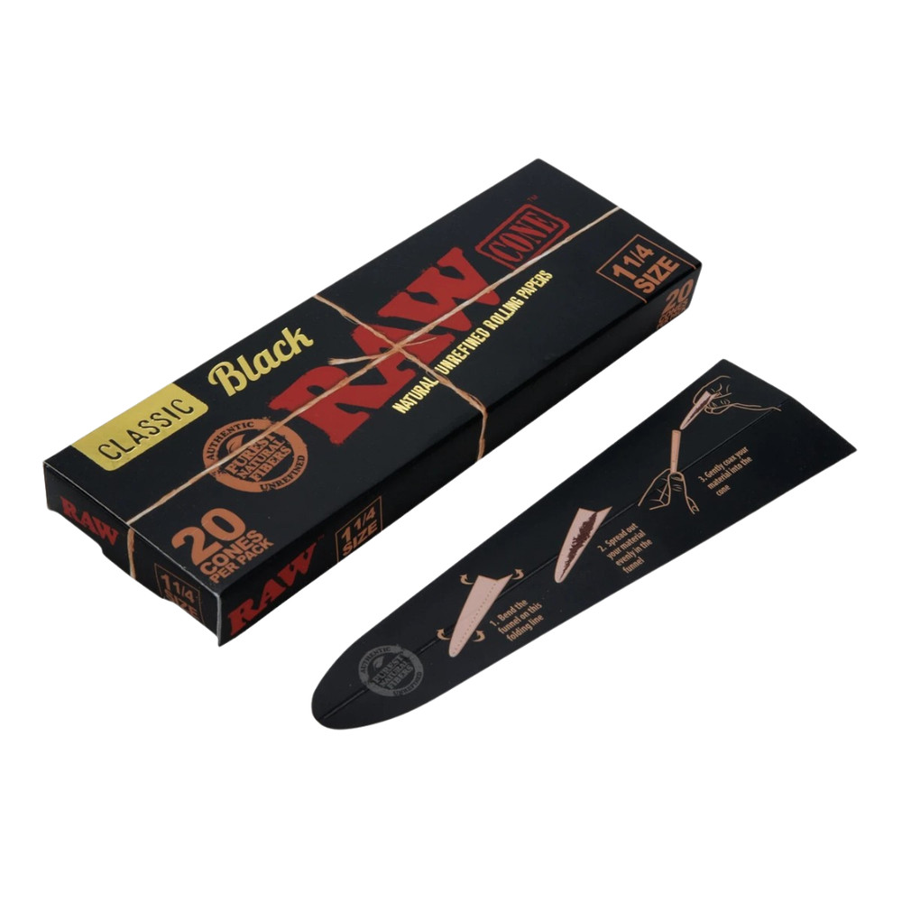 RAW Cones Black 1 1/4 Size 20 Pack & Loader Slow Burning Pre Rolled Cones & Tips
