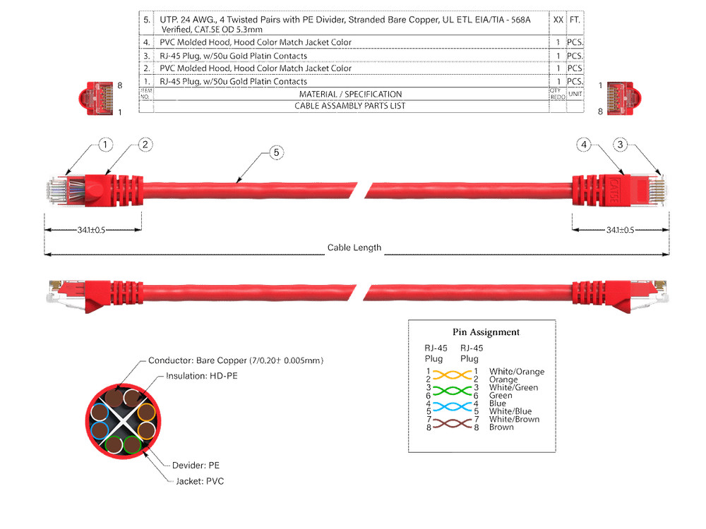 14ft Cat5e UTP Ethernet Network Patch Cable Snagless 24AWG Bare Copper, Red