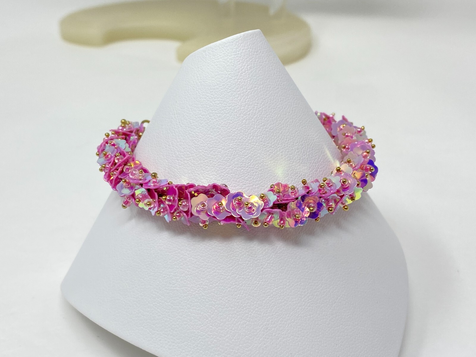 Handmade Pink Purple Iridescent Flower Sequin Bead Bracelet