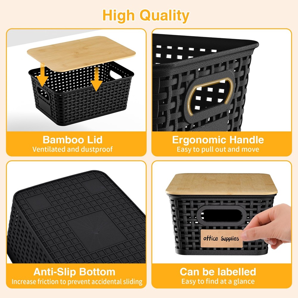 Plastic Storage Baskets with Bamboo Lids and Labels, Stackable Storage Contai...