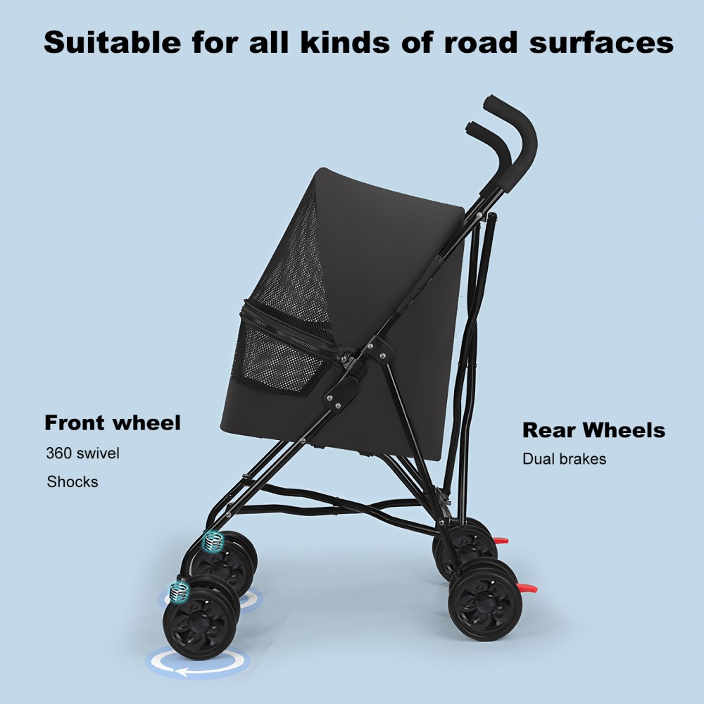 Small Pet Stroller: Foldable, Ventilated, Cup Holder (Black)