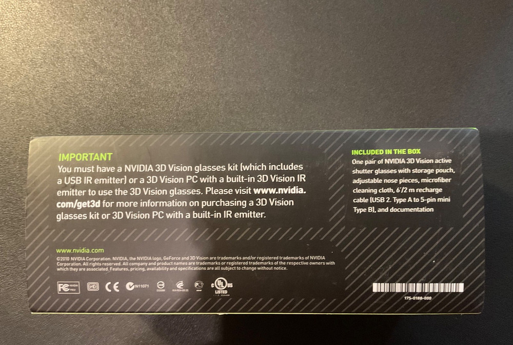 NVIDIA 3D Vision Active Shutter Wireless Glasses w/Recharge Cable New