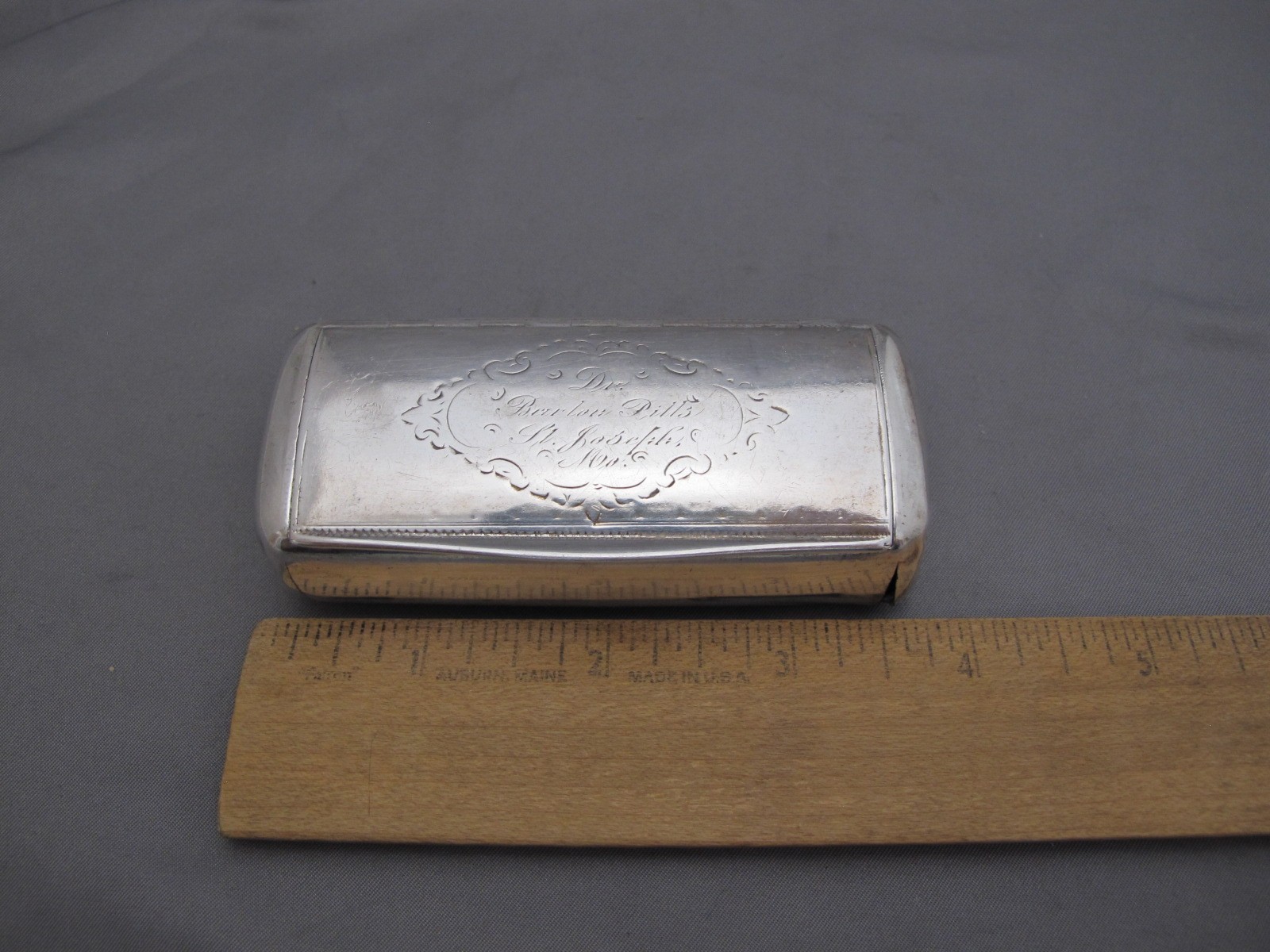 19th C AUSTRIAN Silver SNUFF BOX w/MISSOURI ENGRAVING-Dr Barlow Pills ST JOSEPH