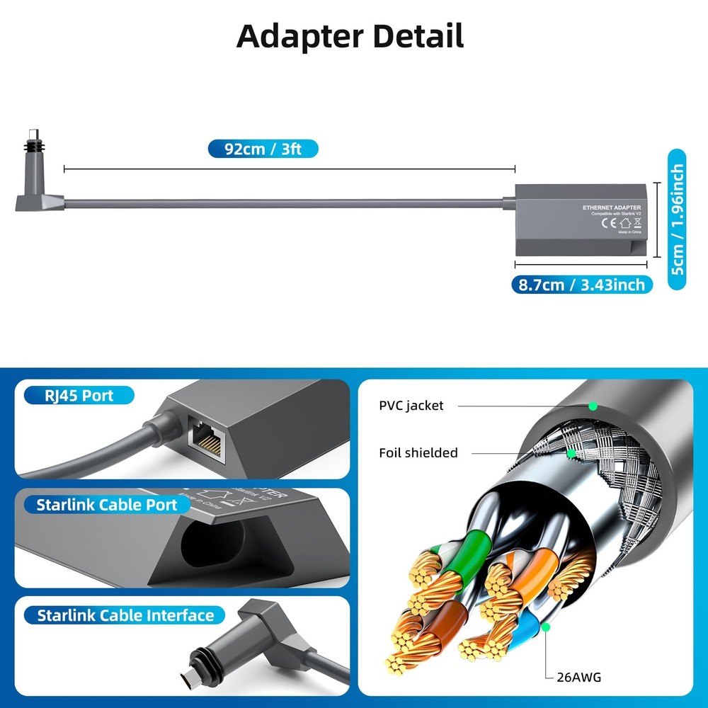 Starlink Ethernet Adapter for Rectangular Satellite Internet V2, Starlink Ada...