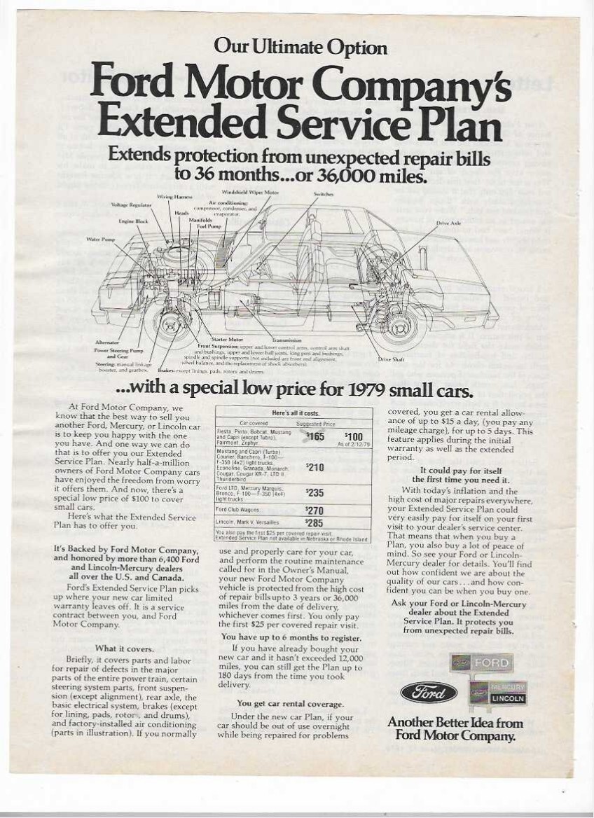 1979 Ford Lincoln Mercury Extended Service Plan Vintage Print Advertisement