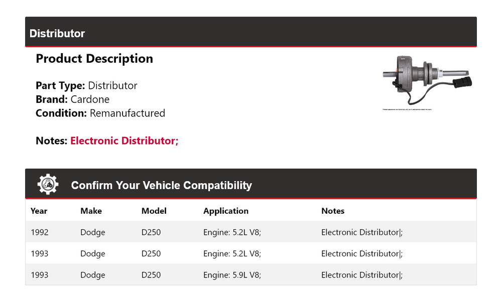 For 1992-1993 Dodge D250 Distributor Cardone